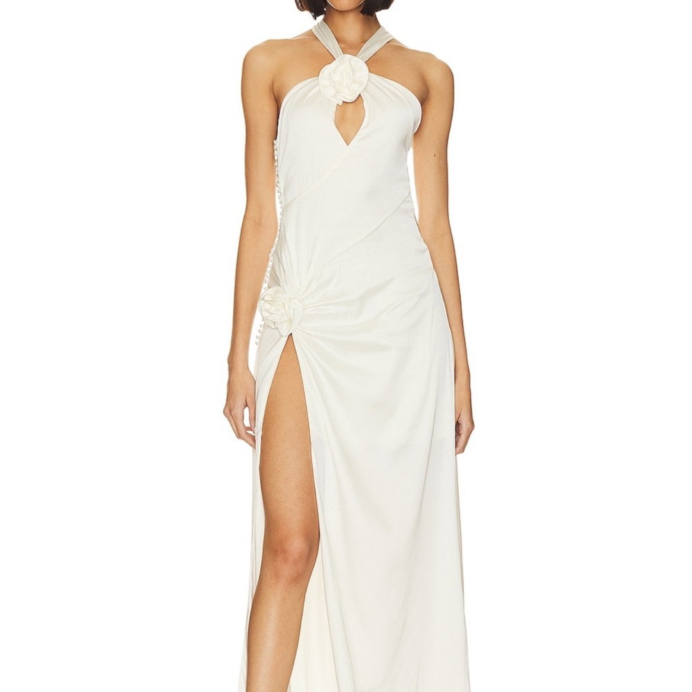 For Love & Lemons Ivory One-Shoulder Halter Gown with Rosette